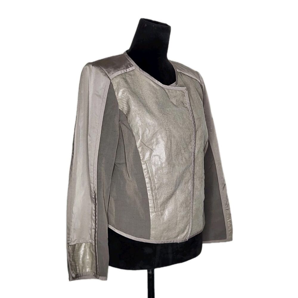 Lafayette 148 Gray Lightweight Linen Blend Pu Leather Snake Moto Jacket Size 10 - Picture 2 of 7